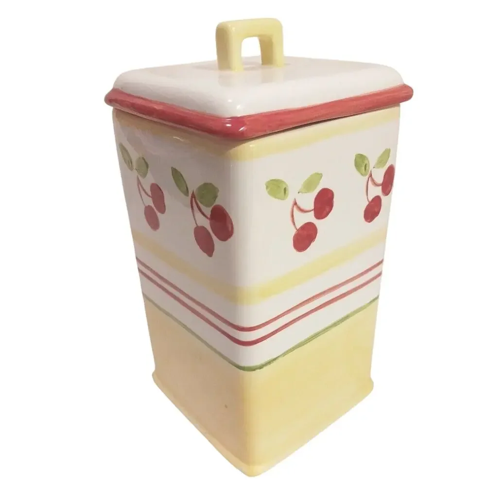 RARE Yellow Red Cherries Clay Canister Art Sonoma Ceramic 8